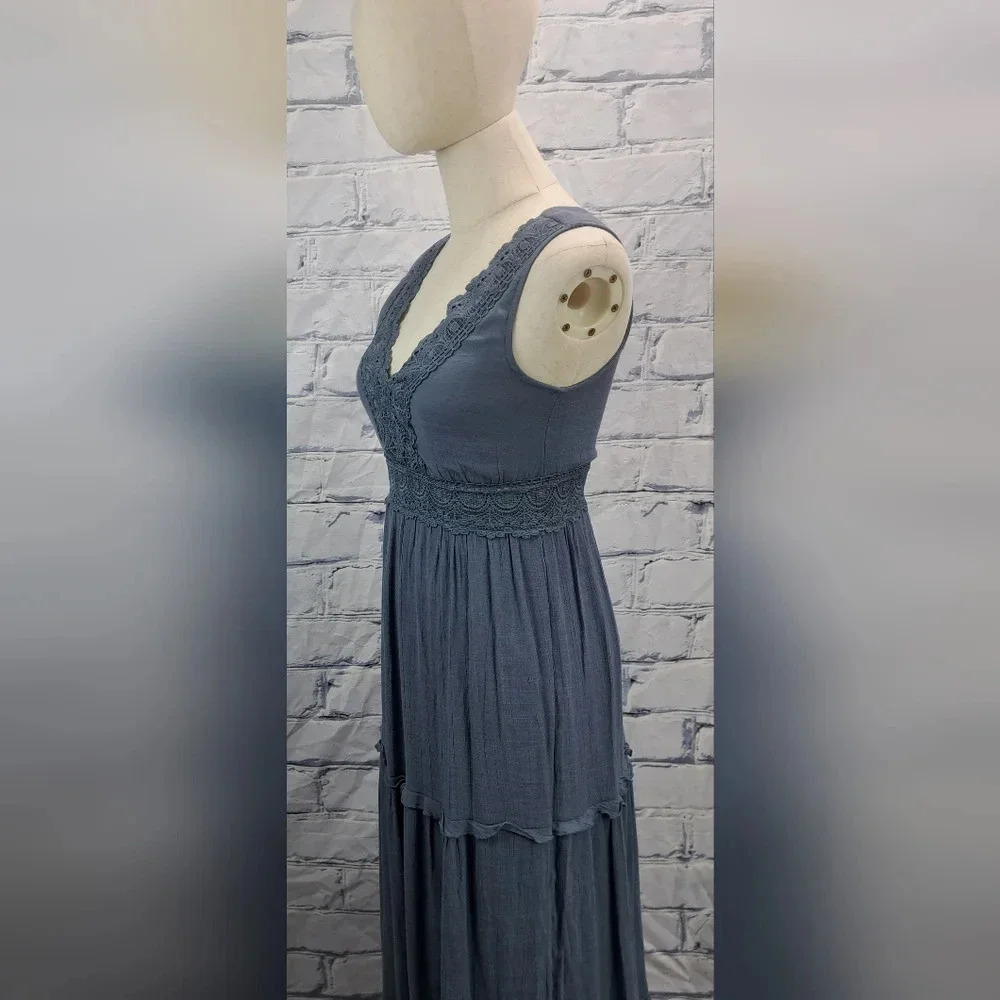 Rebellion Again Ruffled Boho Lace Maxi Dress V-Neck Dark Blue Rayon Y2K Size  XS - Picture 3 of 16